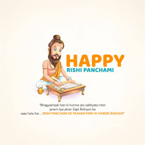Illustration of a Rishi with the text 'Happy Rishi Panchami'