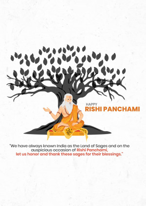 Illustration of a sage meditating under a tree with text 'Happy Rishi Panchami'