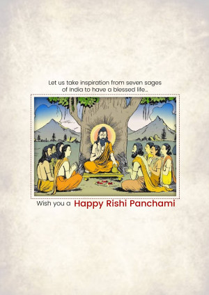 Illustration of Buddha and seven sages under a tree with text 'Happy Rishi Panchami'