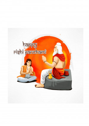 Illustration of a sage and a disciple with text 'Happy Rishi Panchami'