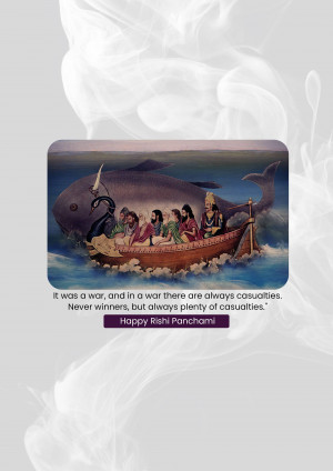Illustration of a boat with people being carried by a whale, with text about Rishi Panchami.