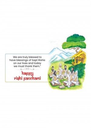 Watercolor illustration depicting Sapt Rishis with a scenic background and text 'Happy Rishi Panchami'.