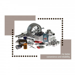 Assorted automotive parts including tires, filters, and engine components.
