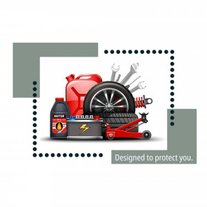 Collection of car repair tools and supplies including oil, tire, wrench, and gas can.