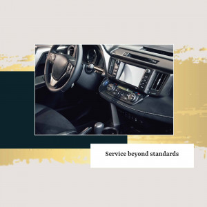 Close-up of a car's dashboard and interior with a 'Service beyond standards' text overlay.