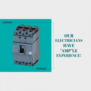 Close-up of a blue electrical circuit breaker with text promoting electrician services.