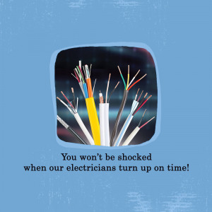 Close-up of colorful electrical wires with text promoting punctual electrician services.