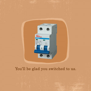 Close-up of a white and blue electrical circuit breaker against a tan background with text.