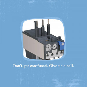 Close-up view of an industrial electrical contactor with blue background and text.