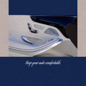 Close-up of a beige and chrome car interior with the text 'Keep your auto comfortable.'
