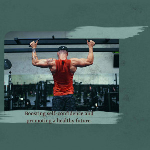 A muscular man doing pull-ups in a gym, viewed from behind.
