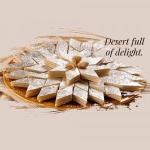 A plate of beautifully arranged burfi, an Indian sweet, with a decorative text overlay.