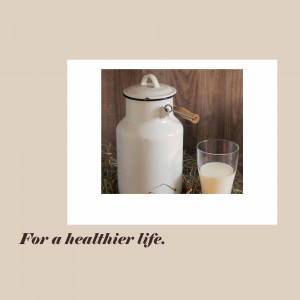 A vintage milk can with a glass of milk in front of a wooden wall.
