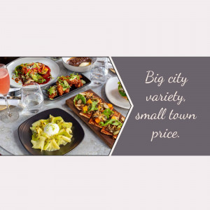 Assortment of colorful dishes served in a restaurant setting with promotional text.