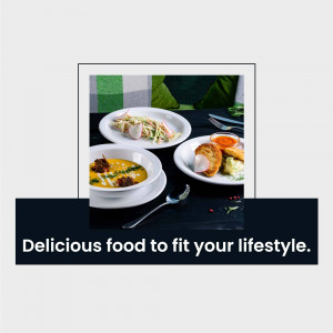 Three plates of food on a dark surface with a green background and text overlay.