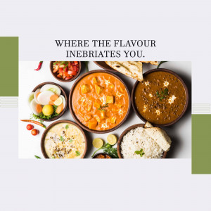 A vibrant spread of various Indian dishes including curry, rice, and side dishes.