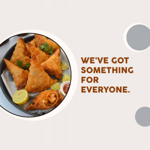 Close-up of crispy samosas with lemon wedges and sauce, alongside text 'We've Got Something for Everyone.'