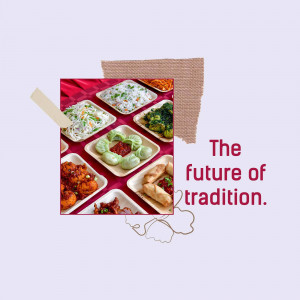 Assortment of Indian dishes served on eco-friendly disposable plates with text 'The future of tradition'.