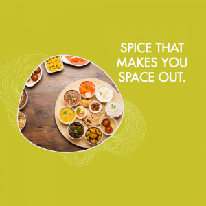 A circular arrangement of various Indian dishes on a wooden platter, set against a yellow background with text 'Spice That Makes You Space Out'.