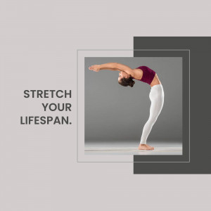 Woman performing a backbend yoga pose with motivational text.