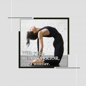 Woman in a backbend yoga pose with motivational text