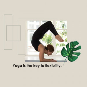 Woman performing a yoga pose near a window with a monstera leaf