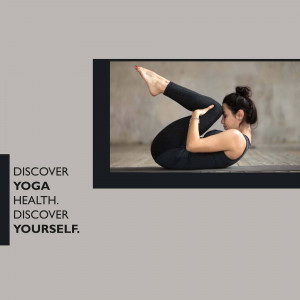 Woman practicing yoga in a studio with text overlay 'Discover Yoga Health. Discover Yourself.'