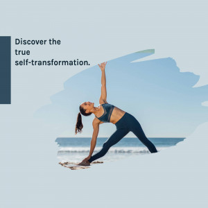 Woman practicing yoga in a side-bending pose on a beach with a light blue and grey background.