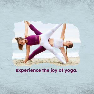 Two women practicing yoga poses on a sandy beach with a torn paper effect.