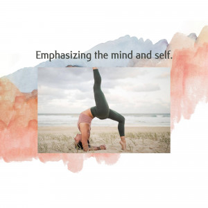 Woman doing a yoga handstand on a beach with watercolor background.