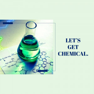 A flask with green liquid on a background of chemical formulas and diagrams with the text 'Let's Get Chemical'.