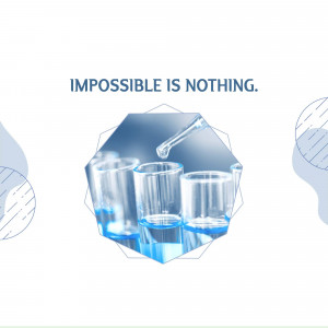 Image depicting beakers with blue liquid and the text 'IMPOSSIBLE IS NOTHING'.