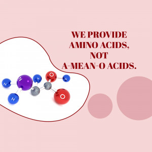 Image depicting amino acid molecules with text 'We provide amino acids, not a-mean-o acids.'