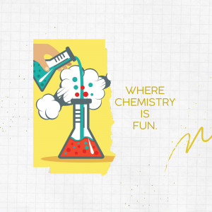 Illustration of a brain-shaped flask with liquid being poured into it, representing chemistry and learning.
