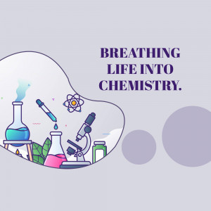 Illustration of chemistry equipment and concepts with the text 'Breathing Life into Chemistry'
