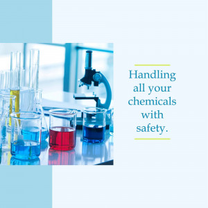 Laboratory equipment with colorful liquids and text about chemical safety.