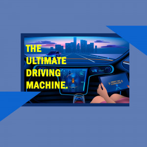 Car dashboard display showing a city skyline and smart car assistance features.