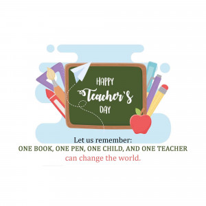 Illustration of a chalkboard with school supplies and the text 'Happy Teacher's Day'