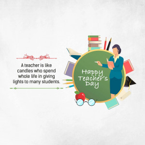 Illustration of a teacher with books, pencils, and a quote about teachers.