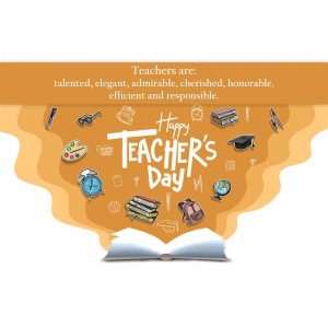 Happy Teacher's Day illustration with school supplies and text.
