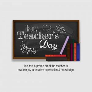 A chalkboard with 'Happy Teacher's Day' written in chalk, decorated with flowers, books, and a quote.
