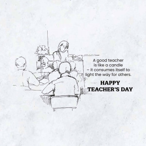 Sketch of students and a teacher with a quote about teachers