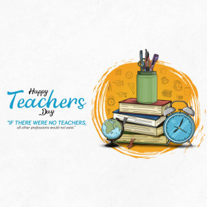 Illustration of books, stationery, and a globe with 'Happy Teachers Day' text.