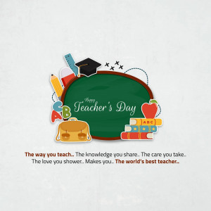 Teacher's Day greeting with school supplies and a chalkboard