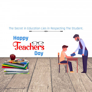 Illustration of a teacher and student with books and school supplies, celebrating Teacher's Day.