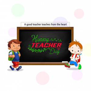 Illustration of children with a chalkboard displaying 'Happy Teacher's Day'