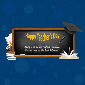 Blackboard with graduation cap and school supplies, wishing Happy Teacher's Day
