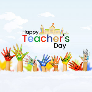 Hands painted with colorful paints celebrating Teacher's Day with a school building in the background.