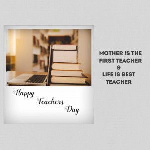 Image with books, laptop and text 'Happy Teachers Day - Mother is the First Teacher'