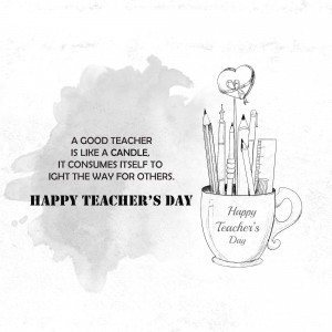 Watercolor illustration of a coffee cup filled with school supplies and a heart-shaped balloon, with a quote about teachers.
